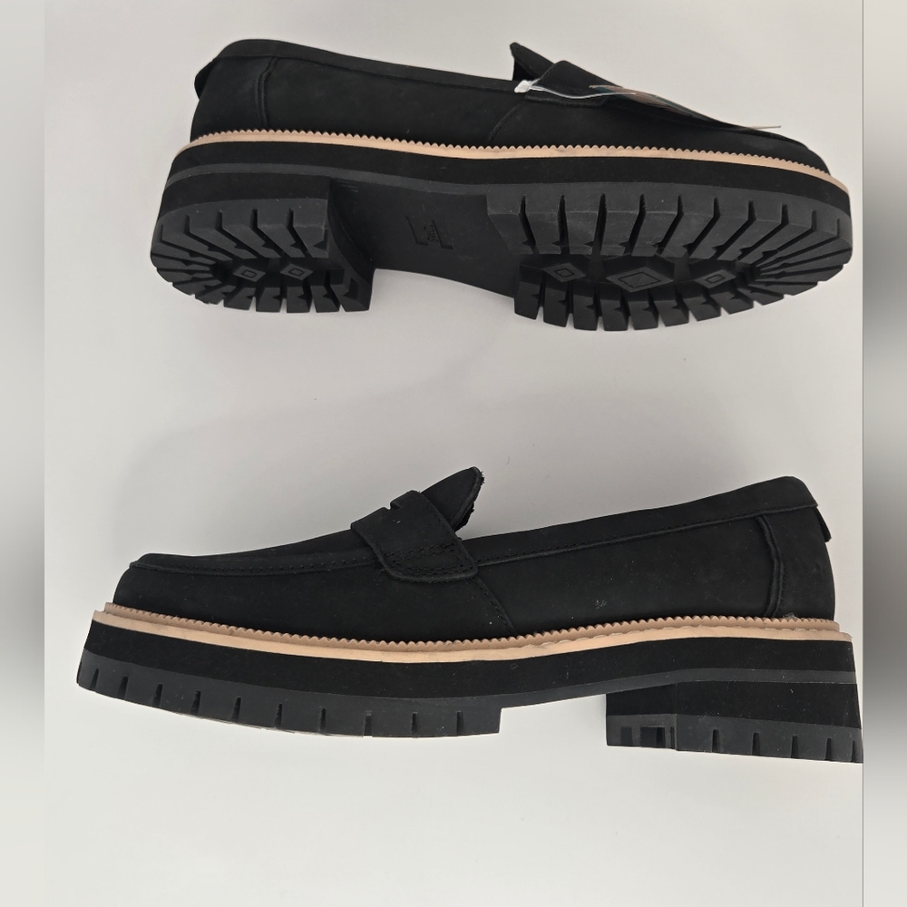 TOMS Cara Black Leather Lug Sole Loafers 6.5W Wide NWT - Picture 6 of 9